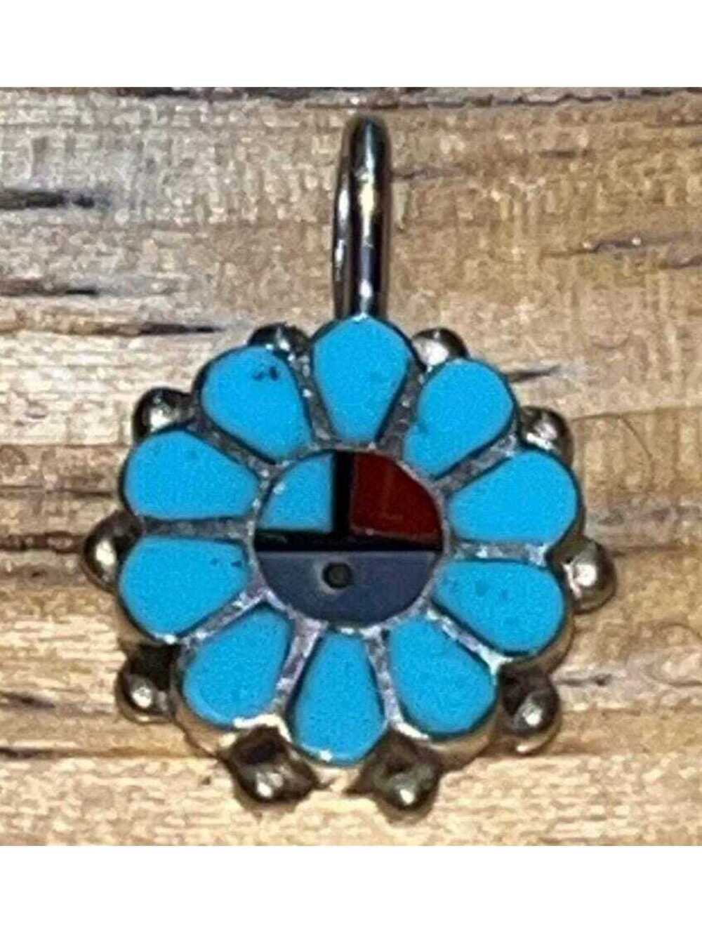 Zuni sterling silver turquoise, coral, mother of pearl, onyx inlay sunface